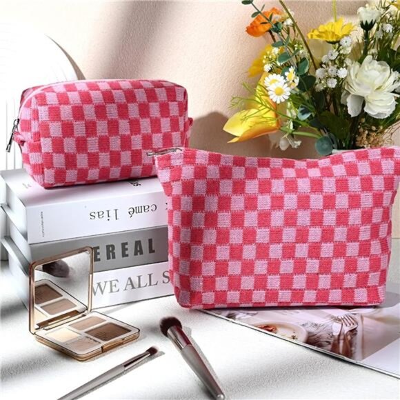 2 Pieces Makeup Bag Large Checkered Cosmetic Bags Travel Toiletry Organizer Set - Picture 2 of 8